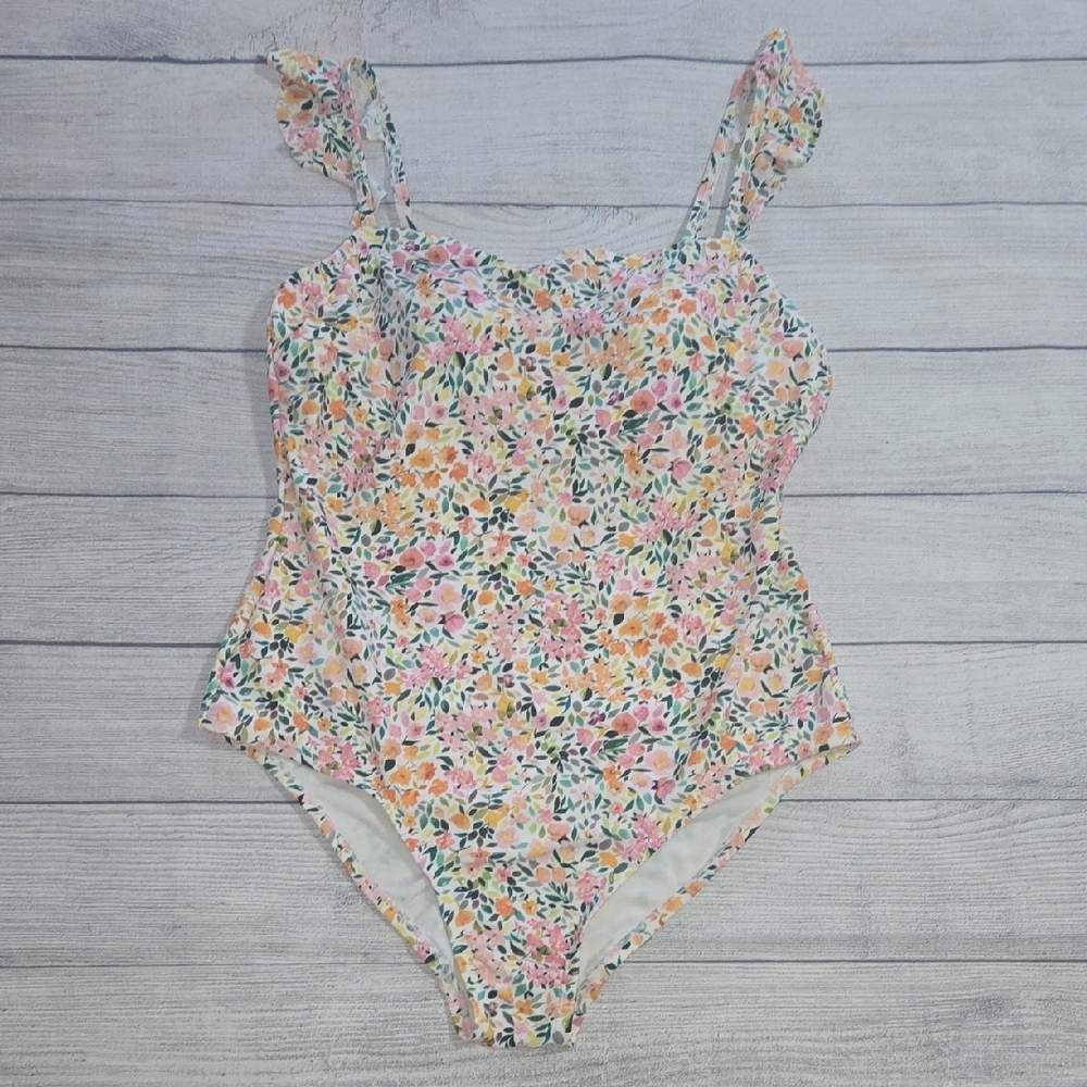 Kona Sol Women's Ditzy Ruffle One Piece Bathing Suit White Floral Print Size L